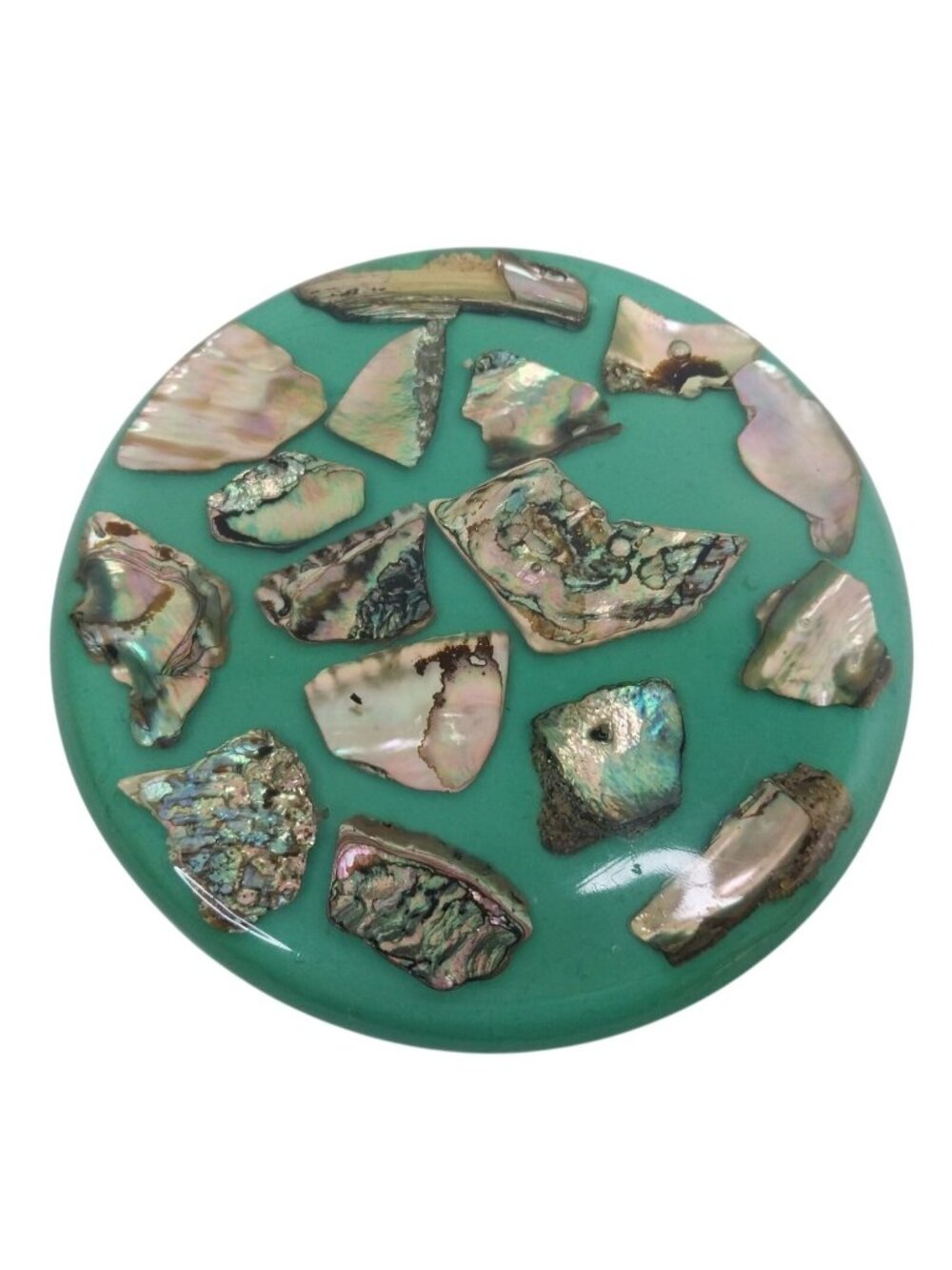 Round Green Lucite & Abalone Seashell Trivet Nautical Ocean Theme